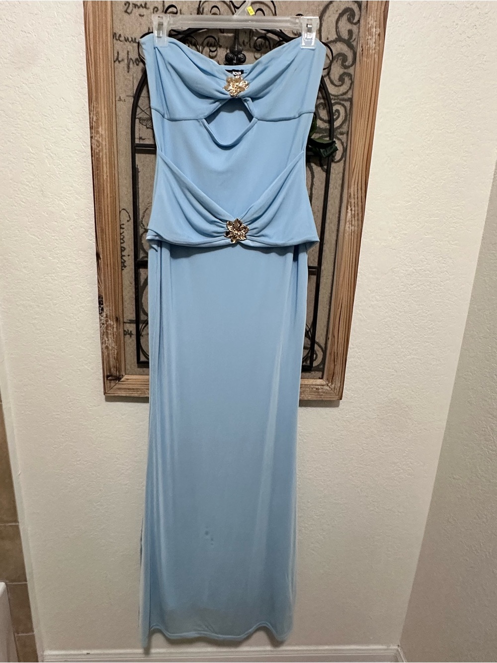 Fashion Nova Light Blue Strapless Maxi with Gold Brooch Accents